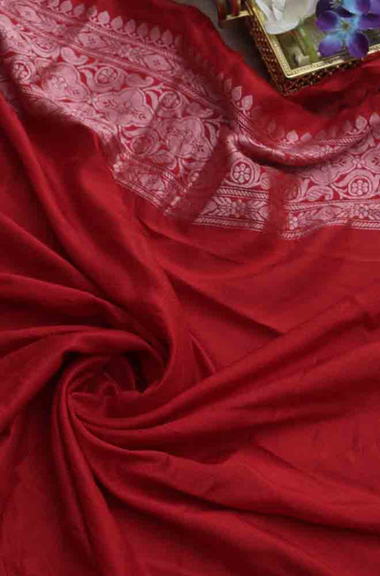 Red Handloom Banarasi Pure Katan Silk Fabric - Luxurion World