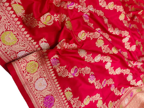 Red Handloom Banarasi Pure Katan Silk Jangala Work Saree - Luxurion World
