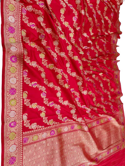Red Handloom Banarasi Pure Katan Silk Jangala Work Saree