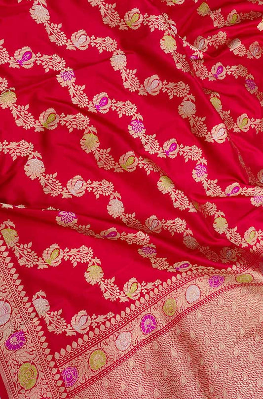 Red Handloom Banarasi Pure Katan Silk Jangala Work Saree - Luxurion World
