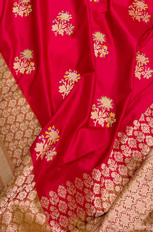 Red Handloom Banarasi Pure Katan Silk Meenakari Saree - Luxurion World