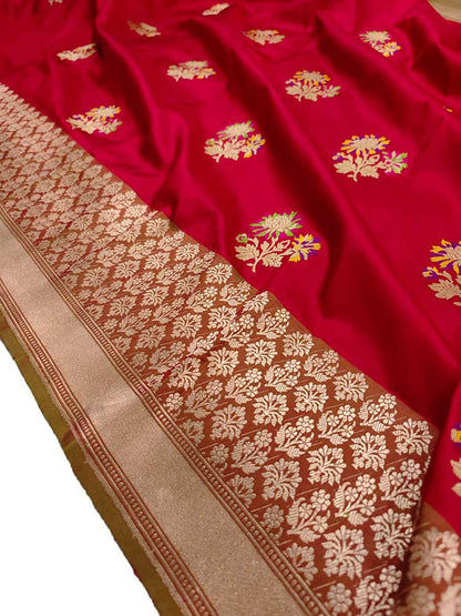 Red Handloom Banarasi Pure Katan Silk Meenakari Saree - Luxurion World