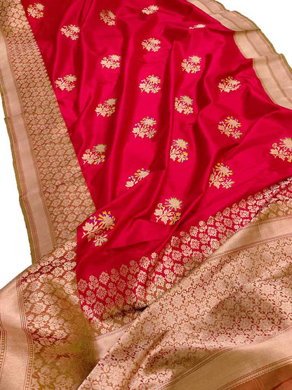 Red Handloom Banarasi Pure Katan Silk Meenakari Saree - Luxurion World