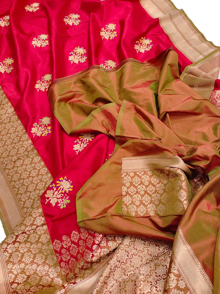 Red Handloom Banarasi Pure Katan Silk Meenakari Saree - Luxurion World