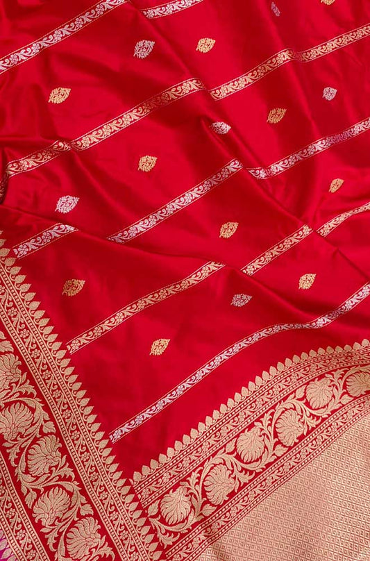Red Handloom Banarasi Pure Katan Silk Saree - Luxurion World