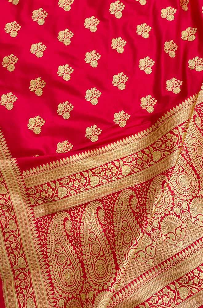 Red Handloom Banarasi Pure Katan Silk Saree - Luxurion World
