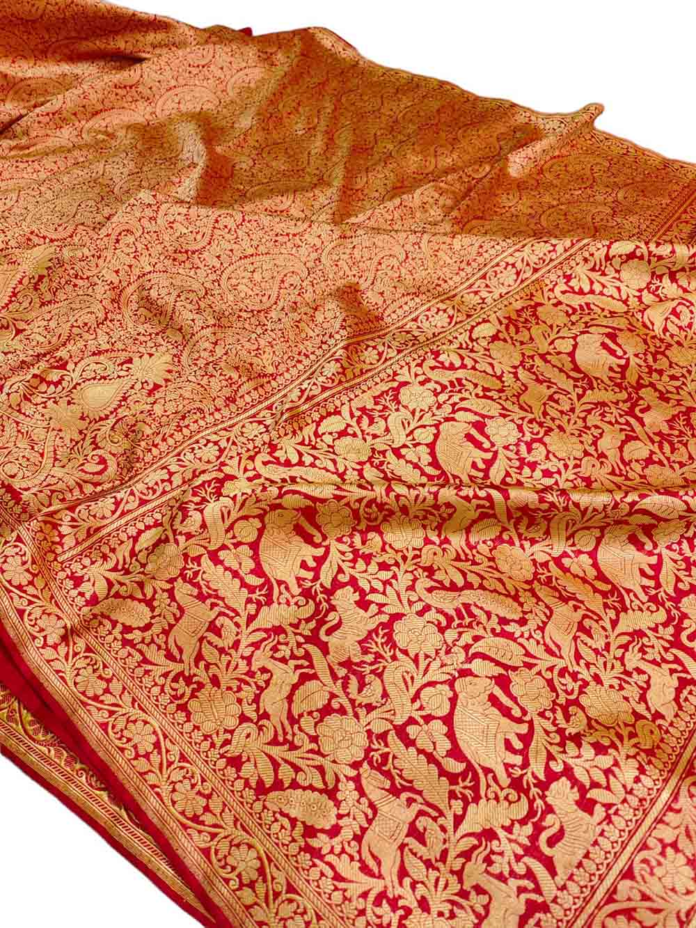 Red Handloom Banarasi Pure Katan Silk Shikargah Real Zari Saree - Luxurion World