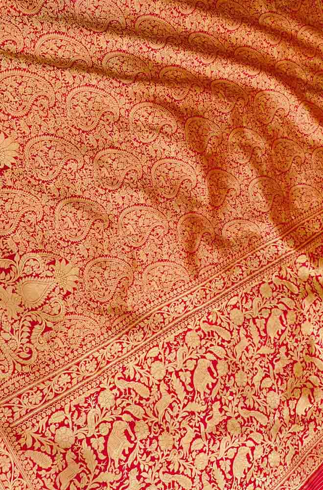 Red Handloom Banarasi Pure Katan Silk Shikargah Real Zari Saree
