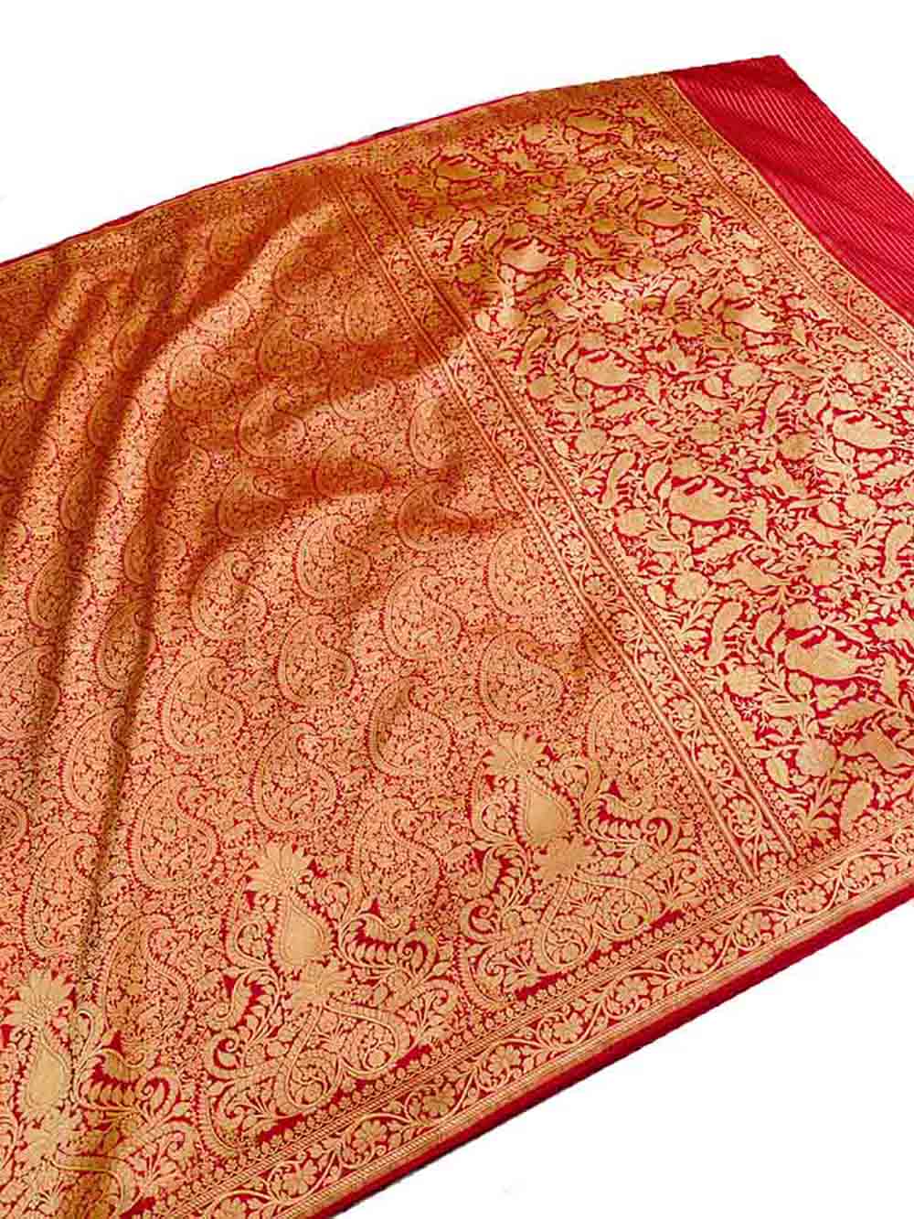 Red Handloom Banarasi Pure Katan Silk Shikargah Real Zari Saree