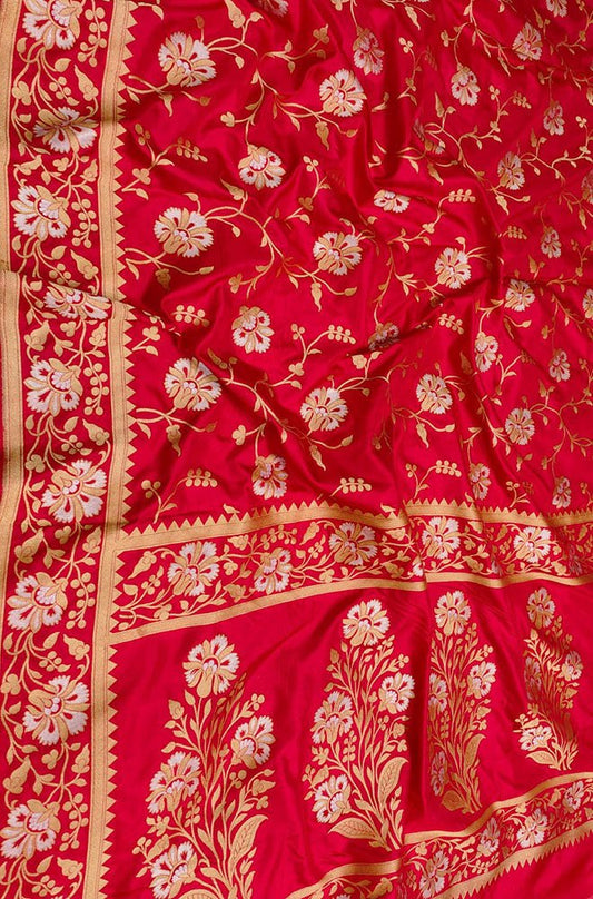 Red Handloom Banarasi Pure Katan Silk Sona Roopa Dupatta - Luxurion World