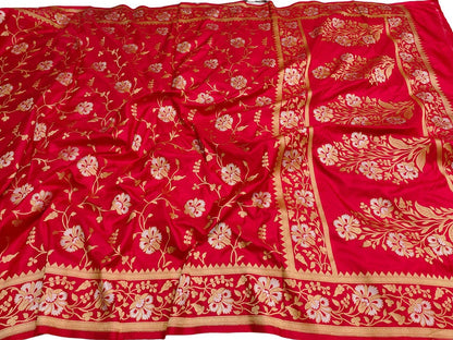 Red Handloom Banarasi Pure Katan Silk Sona Roopa Dupatta - Luxurion World