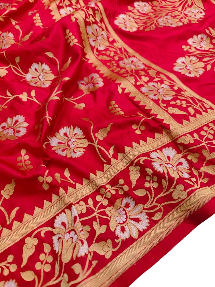 Red Handloom Banarasi Pure Katan Silk Sona Roopa Dupatta - Luxurion World