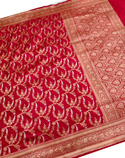 Red Handloom Banarasi Pure Katan Silk Sona Roopa Saree - Luxurion World