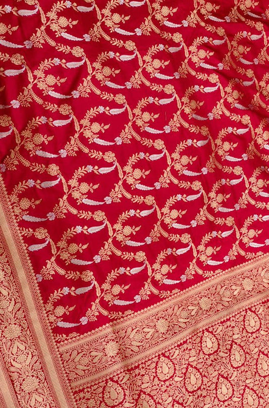 Red Handloom Banarasi Pure Katan Silk Sona Roopa Saree - Luxurion World