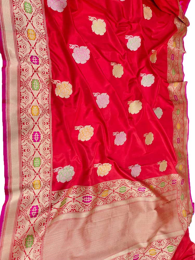 Red Handloom Banarasi Pure Katan Silk Work Meenakari Saree - Luxurion World