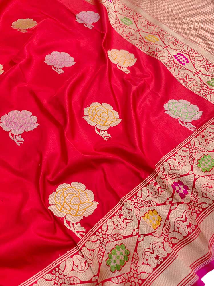 Red Handloom Banarasi Pure Katan Silk Work Meenakari Saree - Luxurion World