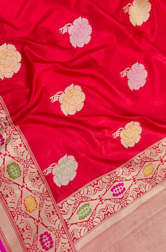 Red Handloom Banarasi Pure Katan Silk Work Meenakari Saree