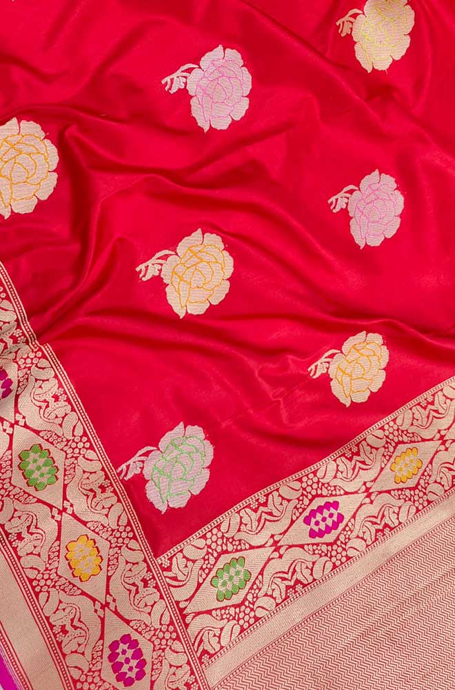 Red Handloom Banarasi Pure Katan Silk Work Meenakari Saree - Luxurion World