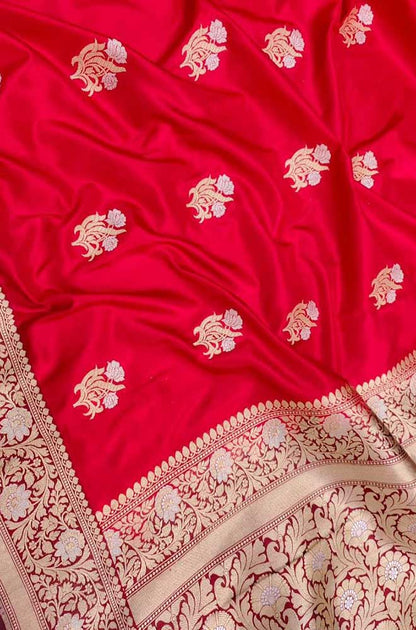 Red Handloom Banarasi Pure Katan Silk Tanchui Work Sona Roopa Saree
