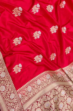 Red Handloom Banarasi Pure Katan Silk Tanchui Work Sona Roopa Saree - Luxurion World