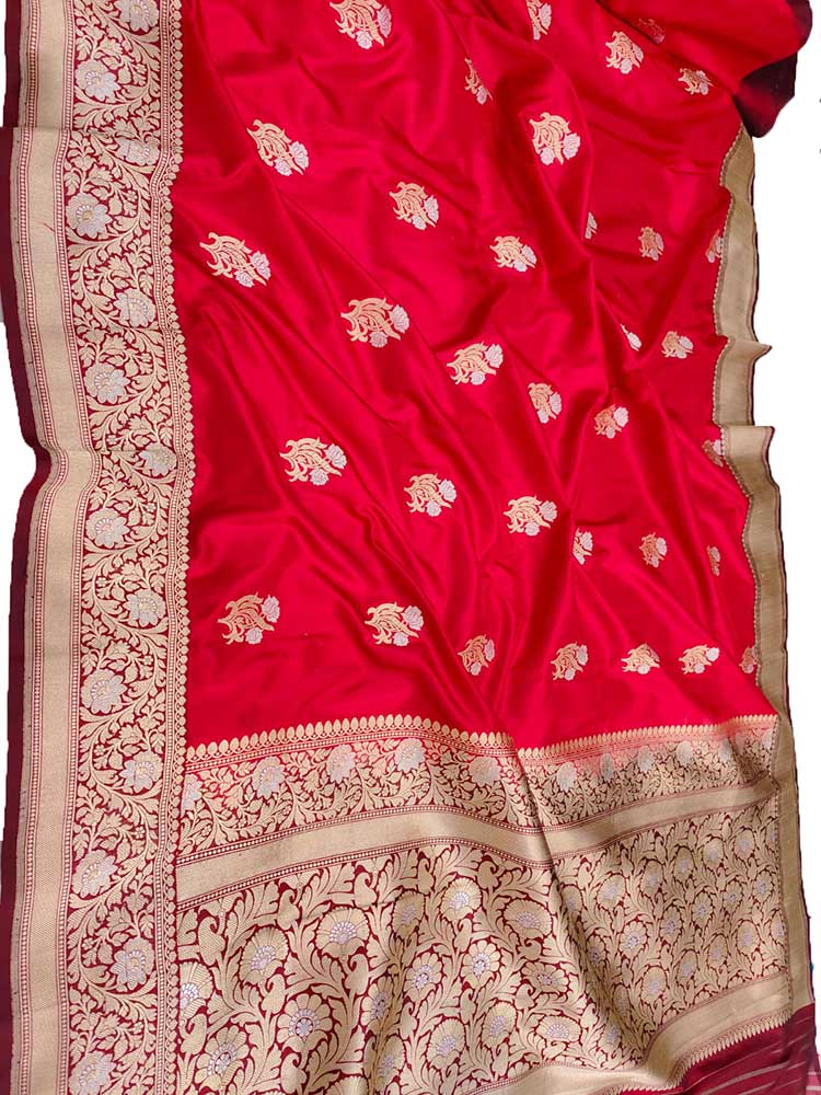 Red Handloom Banarasi Pure Katan Silk Tanchui Work Sona Roopa Saree