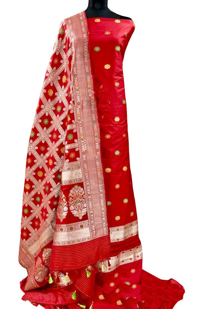 Red Handloom Banarasi Pure Katan Silk Three Piece Unstitched Suit Set - Luxurion World