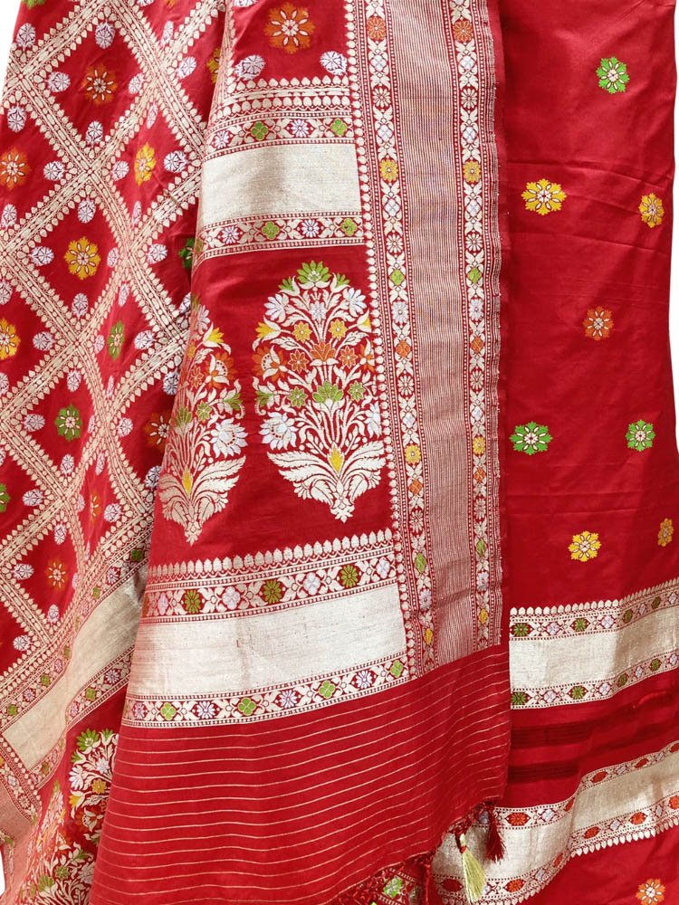 Red Handloom Banarasi Pure Katan Silk Three Piece Unstitched Suit Set - Luxurion World
