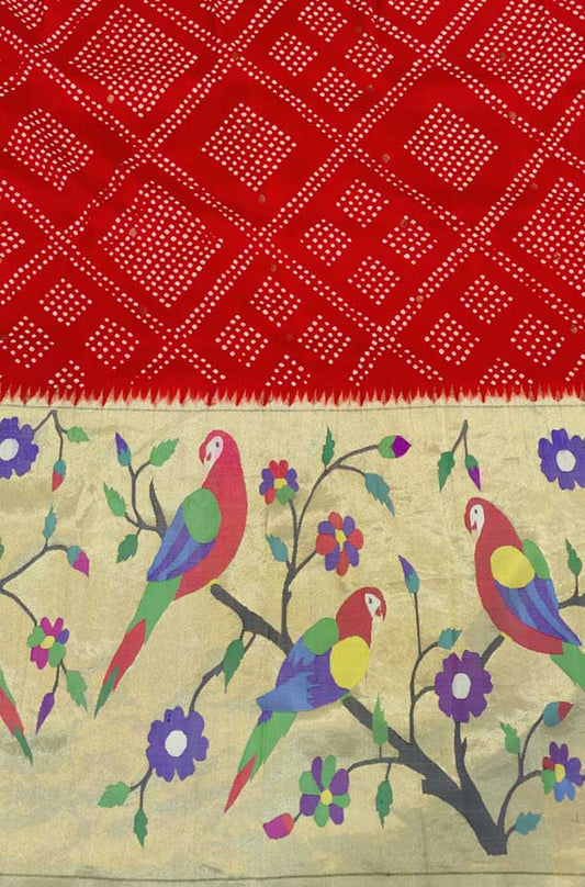 Red Handloom Bandhani Paithani Pure Silk Lehenga Fabric ( 3.7 Mtrs )