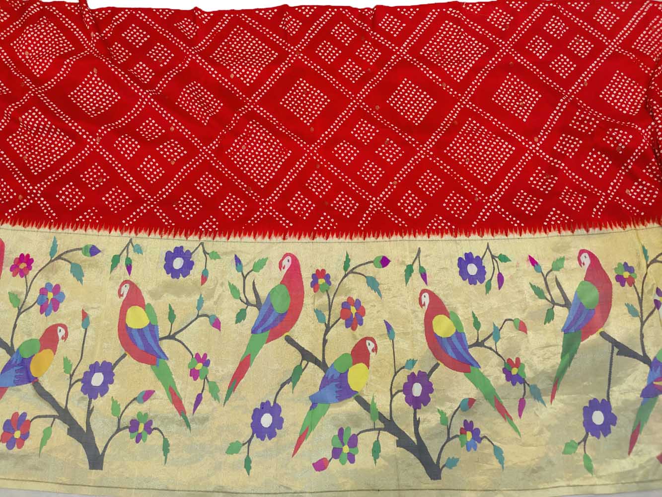 Red Handloom Bandhani Paithani Pure Silk Lehenga Fabric ( 3.7 Mtrs ) - Luxurion World