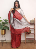 Red Handloom Bengal Tussar Cotton Silver Zari Stripe Design Saree - Luxurion World