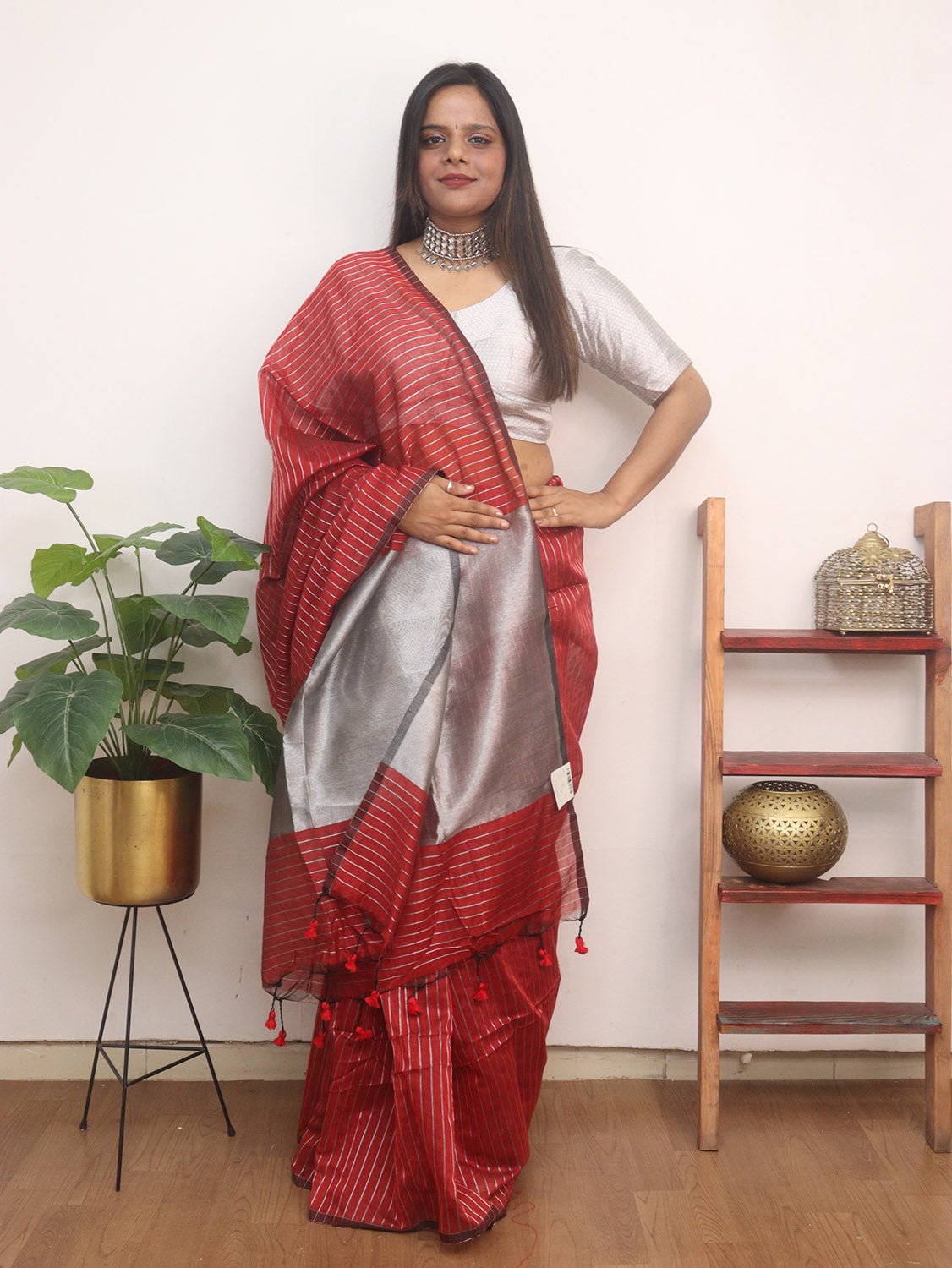 Red Handloom Bengal Tussar Cotton Silver Zari Stripe Design Saree - Luxurion World