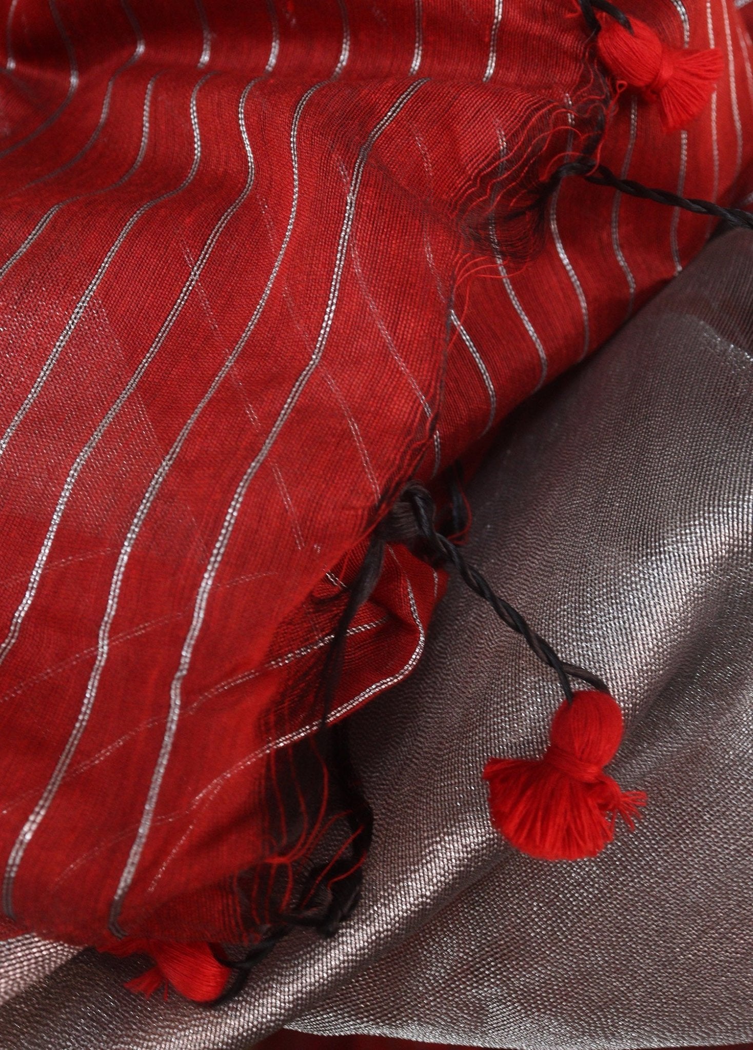 Red Handloom Bengal Tussar Cotton Silver Zari Stripe Design Saree - Luxurion World