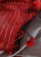 Red Handloom Bengal Tussar Cotton Silver Zari Stripe Design Saree - Luxurion World