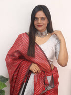 Red Handloom Bengal Tussar Cotton Silver Zari Stripe Design Saree - Luxurion World