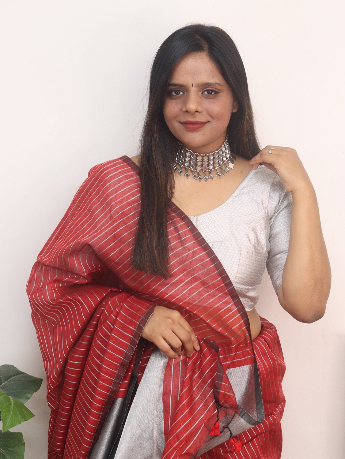 Red Handloom Bengal Tussar Cotton Silver Zari Stripe Design Saree - Luxurion World