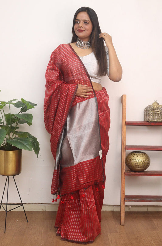 Red Handloom Bengal Tussar Cotton Silver Zari Stripe Design Saree
