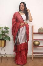 Red Handloom Bengal Tussar Cotton Silver Zari Stripe Design Saree - Luxurion World