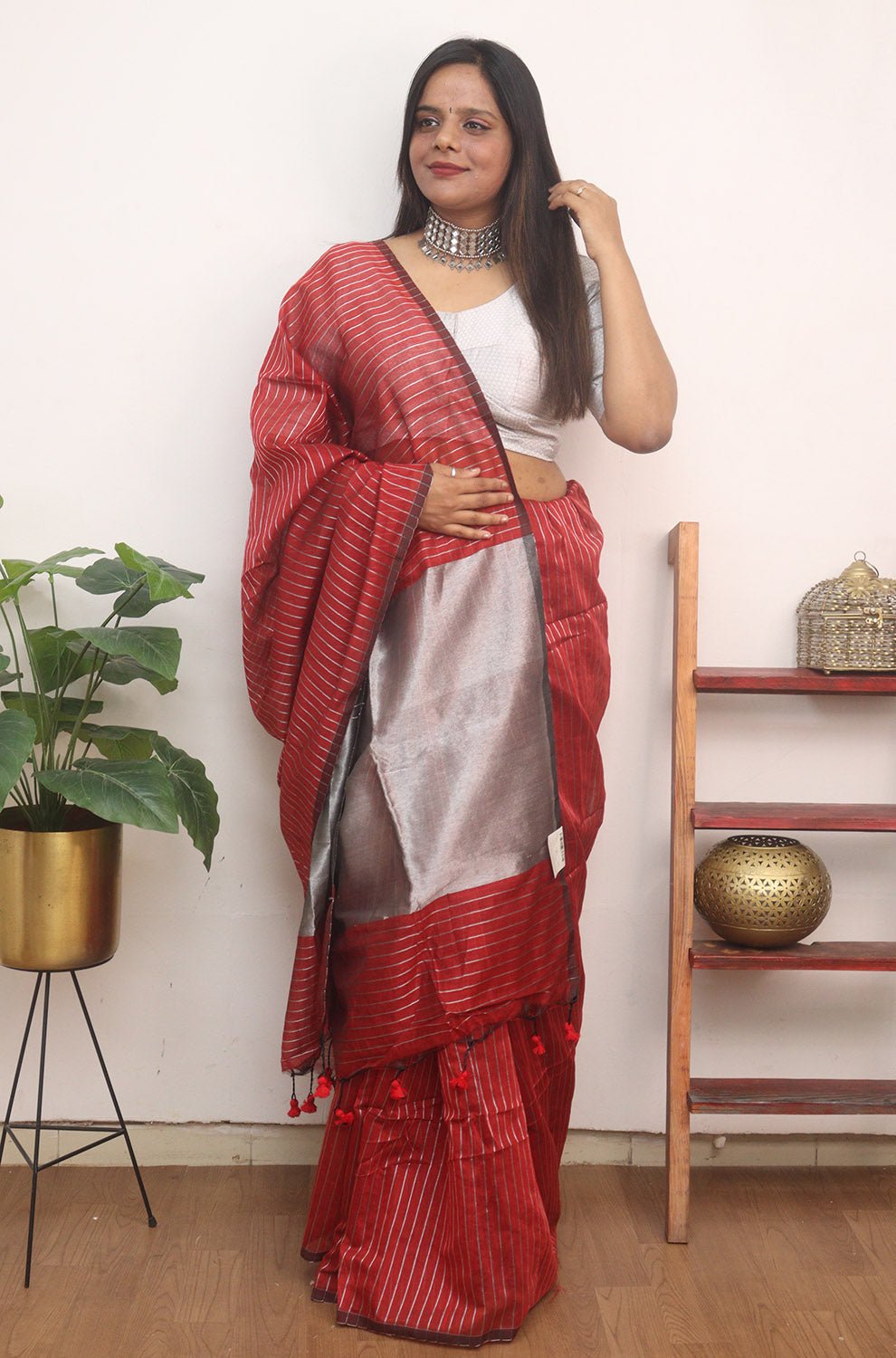 Red Handloom Bengal Tussar Cotton Silver Zari Stripe Design Saree - Luxurion World