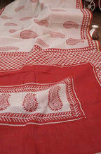 Handcrafted Red Cotton Saree with Block Print Design - Luxurion World