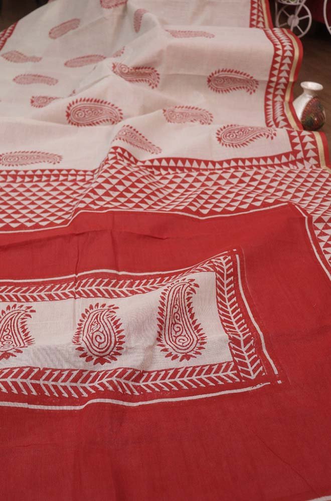 Handcrafted Red Cotton Saree with Block Print Design - Luxurion World