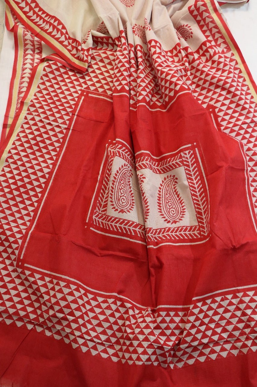Red Handloom Block Printed Cotton Saree with Hand Painted Pure Silk Stitched Pichwai Blouse - Luxurion World