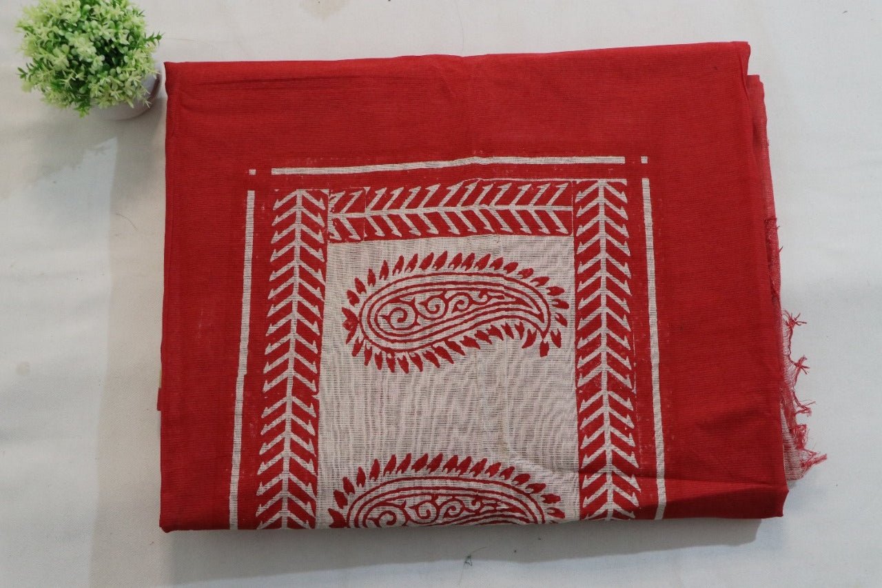 Red Handloom Block Printed Cotton Saree with Hand Painted Pure Silk Stitched Pichwai Blouse Luxurionworld