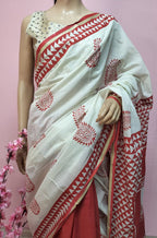 Red Handloom Block Printed Cotton Saree with Hand Painted Pure Silk Stitched Pichwai Blouse - Luxurion World
