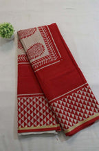 Red Handloom Block Printed Cotton Saree with Hand Painted Pure Silk Stitched Pichwai Blouse - Luxurion World