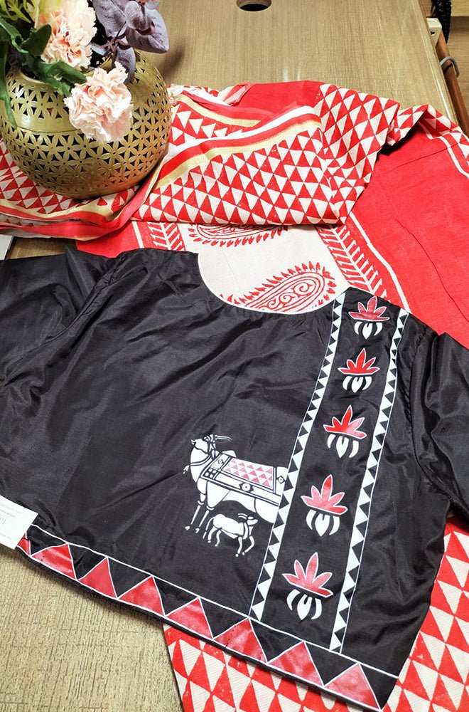 Red Handloom Block Printed Cotton Saree with Hand Painted Pure Silk Stitched Pichwai Blouse - Luxurion World