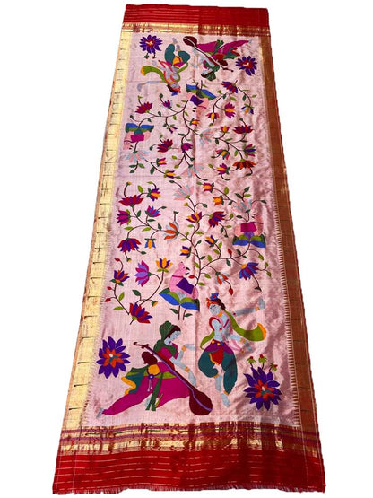 Pink Handloom Brocade Paithani Pure Silk Muniya Border Figure Work Dupatta - Luxurion World