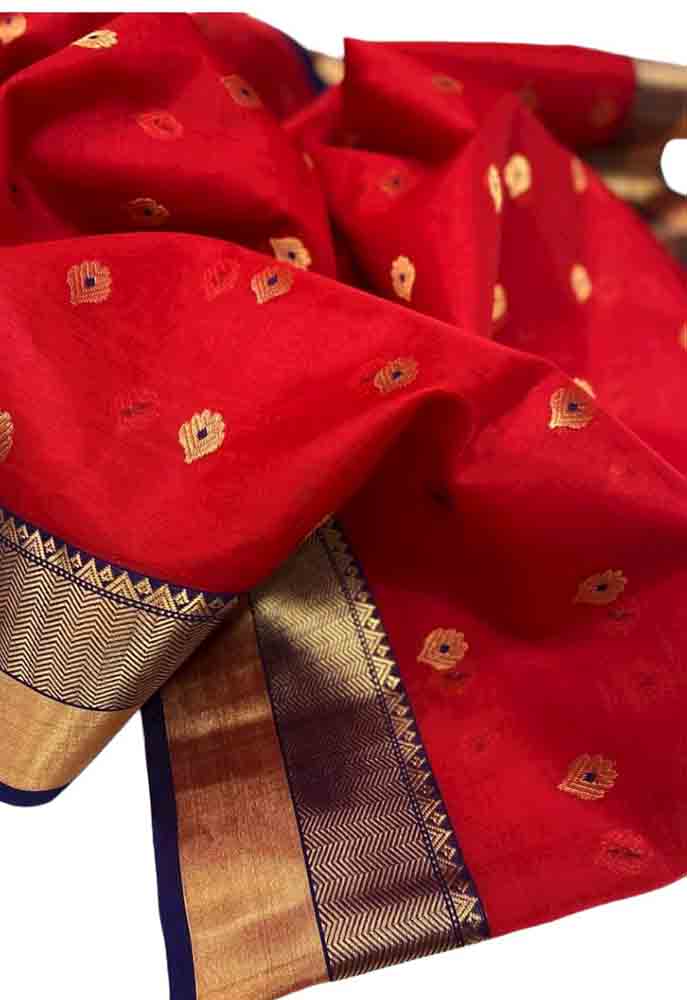 Red Handloom Chanderi Pure Katan Organza Silk Saree - Luxurion World