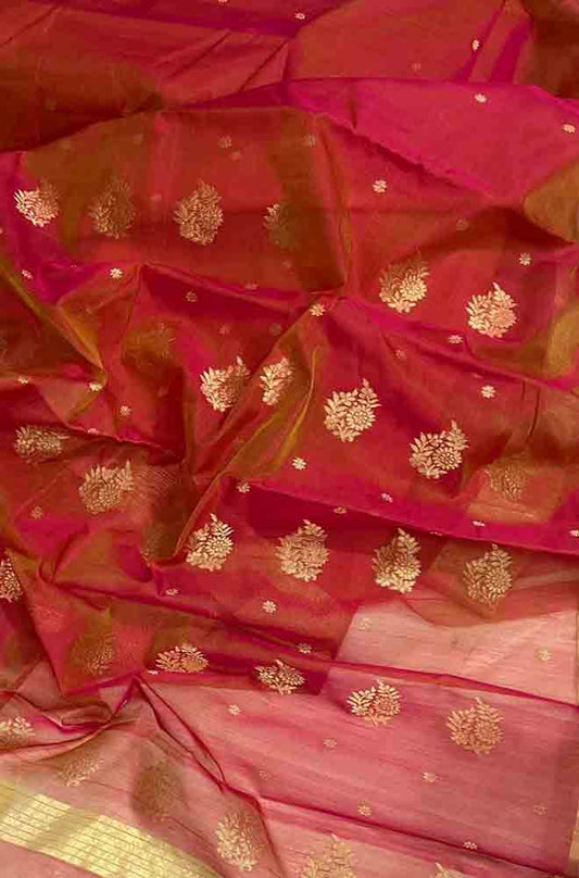 Red Handloom Chanderi Pure Katan Organza Silk Saree - Luxurion World