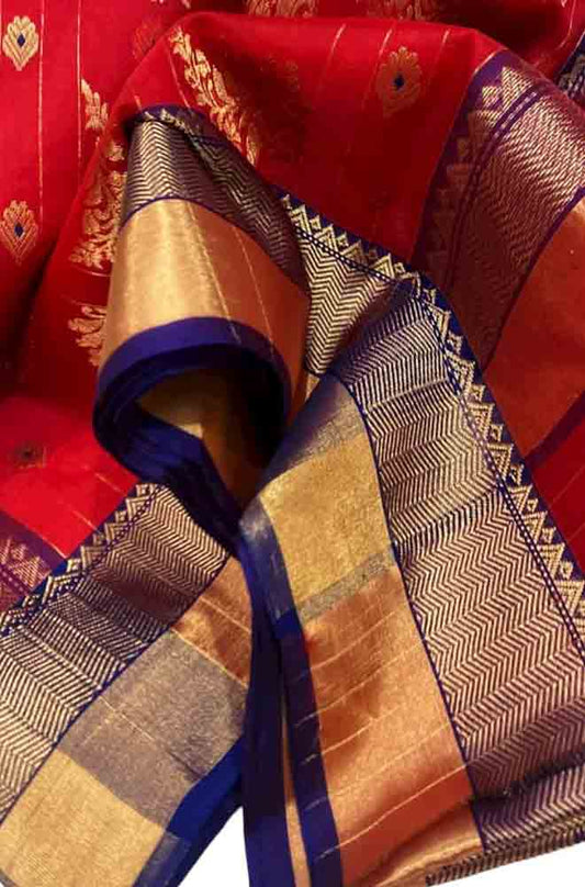 Red Handloom Chanderi Pure Katan Organza Silk Saree - Luxurion World