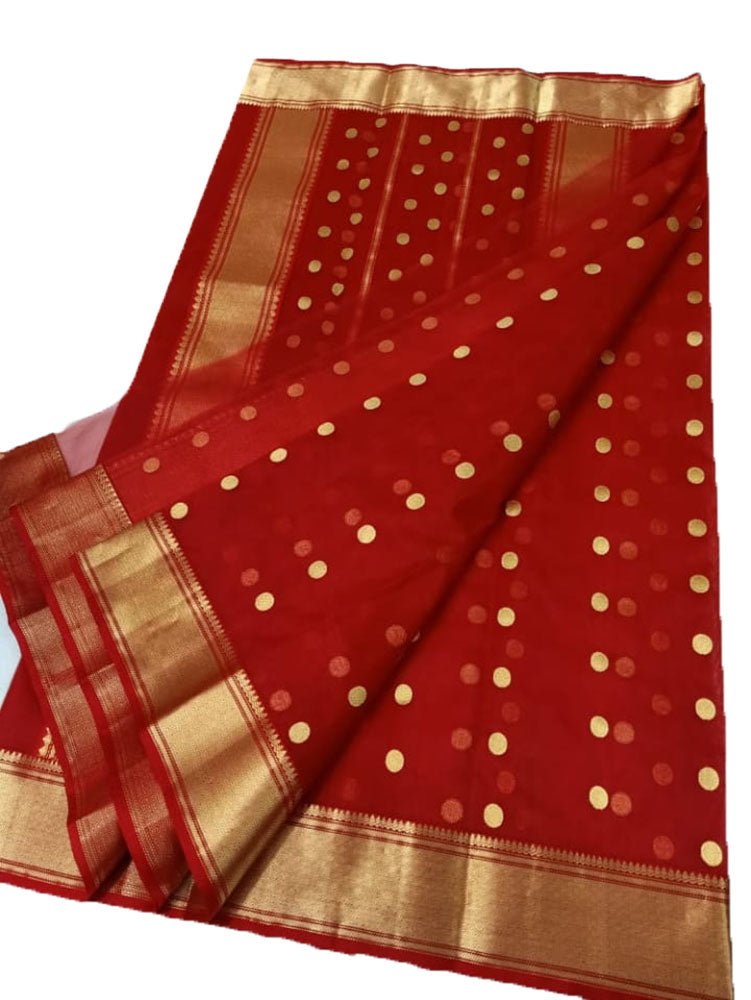 Red Handloom Chanderi Pure katan Silk Saree - Luxurion World